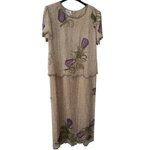 Davids Bridal Vintage 100% Silk Beaded Floral Dress Mother of Bride Size 16